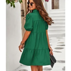 Solid Color Casual Lapel Puff Short Sleeve Smocked Dress Wholesale Dresses N5323032300139 -Amour Vert shop O1CN01Zs1bmd1ND4kxxP9cc 2425141535 0 cib