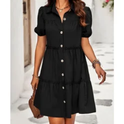 Solid Color Casual Lapel Puff Short Sleeve Smocked Dress Wholesale Dresses N5323032300139 -Amour Vert shop O1CN01bjNkl71ND4km9W2RN 2425141535 0 cib 4