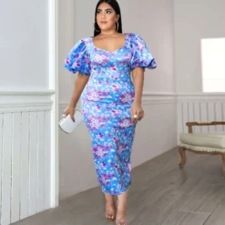 Commuter Style Lantern Sleeves High-Waisted Plum Print One-Step Dress Wholesale Dresses V5923050600035