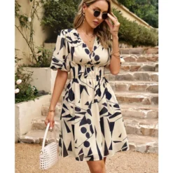 Temperament Short Sleeve Print Waist V-Neck Short Dress Wholesale Dresses V5923041200028 -Amour Vert shop O1CN01d9KoR31ND4mv4sv1J 2425141535 0 cib