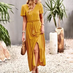 Casual Solid Color Fly Fly Sleeve V-Neck Button High Waist A-Line Dress Wholesale Dresses V5923050300046 -Amour Vert shop O1CN01eSDOWT1wuayHzkdyx 3267756368 0 cib