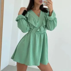 Commuter Ruffled V-Neck Puff Sleeve Solid Color A-Line Dress Wholesale Dresses N463423021400186