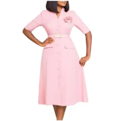 Elegant Solid Color V-Neck Button Down Dress With Belt And Corsage Wholesale Dresses N5923080800064