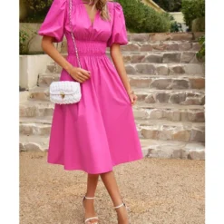 Temperament Short-Sleeved V-Neck Waist-Skimming Solid Color Long Dress Wholesale Dresses V5923041200030 -Amour Vert shop O1CN01h5RuWC1ND4mv5OoDB 2425141535 0 cib