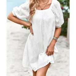 Solid Color Square Collar Puff Sleeve Summer Elegant Hollow Casual Dress Wholesale Dresses N5323030617101 -Amour Vert shop O1CN01hhcLOO1ND4ln7AFGK 2425141535 0 cib