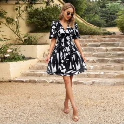 Temperament Short Sleeve Print Waist V-Neck Short Dress Wholesale Dresses V5923041200028 -Amour Vert shop O1CN01j4AH7n1ND4mp6TdKA 2425141535 0 cib 4