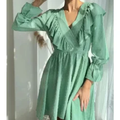 Commuter Ruffled V-Neck Puff Sleeve Solid Color A-Line Dress Wholesale Dresses N463423021400186 -Amour Vert shop O1CN01kYbjm72GztpV3rotM 2212501819087 0 cib