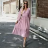 Elegant Solid Color V-Neck Bubble Sleeve Long Dress Wholesale Dresses N5923081800003