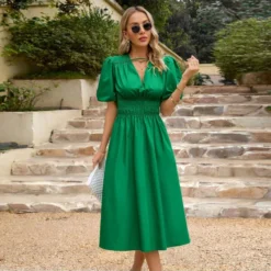 Temperament Short-Sleeved V-Neck Waist-Skimming Solid Color Long Dress Wholesale Dresses V5923041200030 -Amour Vert shop O1CN01mFmhv01ND4mtHg0Y1 2425141535 0 cib 4