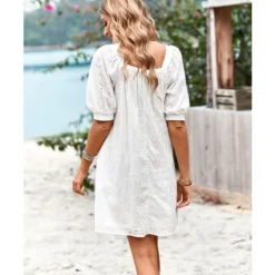 Solid Color Square Collar Puff Sleeve Summer Elegant Hollow Casual Dress Wholesale Dresses N5323030617101 -Amour Vert shop O1CN01mtGdKN1ND4lm7EYeG 2425141535 0 cib