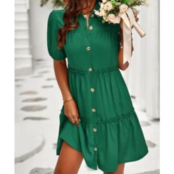 Solid Color Casual Lapel Puff Short Sleeve Smocked Dress Wholesale Dresses N5323032300139 -Amour Vert shop O1CN01rMciZ31ND4ku5qOj9 2425141535 0 cib