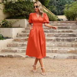 Temperament Short-Sleeved V-Neck Waist-Skimming Solid Color Long Dress Wholesale Dresses V5923041200030 -Amour Vert shop O1CN01svGTrA1ND4mwFckDr 2425141535 0 cib 4