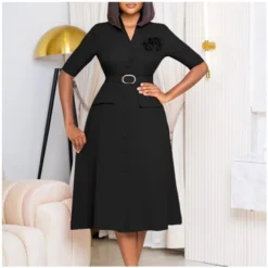 Elegant Solid Color V-Neck Button Down Dress With Belt And Corsage Wholesale Dresses N5923080800064 -Amour Vert shop O1CN01ukBqB926Uci13CQif 4225457665 0 cib 6