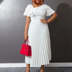 Temperament Solid Color Waist Thin Ruffle Short-Sleeved Pressed Pleated Dress Wholesale Dresses N5323032800165 -Amour Vert shop O1CN01wkLqje26UcaaKnaLp 4225457665 0 cib