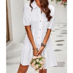 Solid Color Casual Lapel Puff Short Sleeve Smocked Dress Wholesale Dresses N5323032300139 -Amour Vert shop O1CN01yqlkrl1ND4kpDhvzr 2425141535 0 cib 4