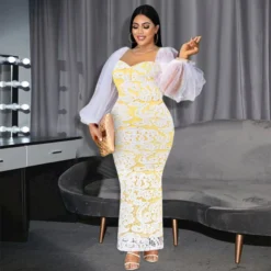 See-Through Round Neck Bubble Sleeve Lace One-Step Dress Wholesale Dresses V5923050600032