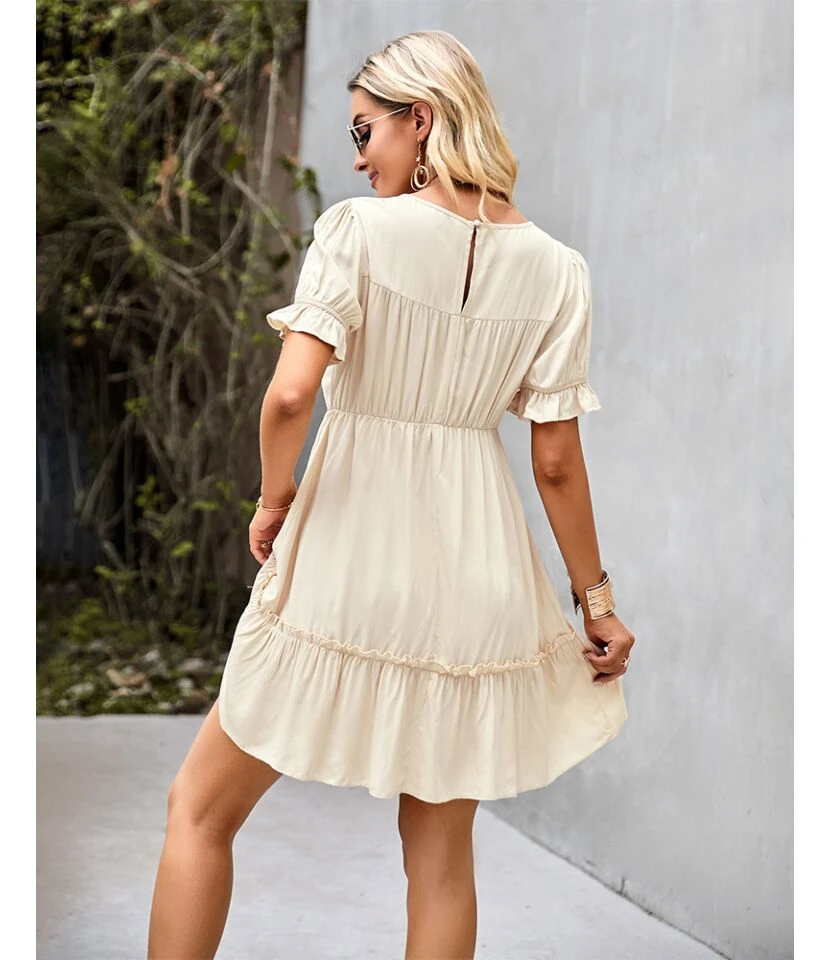 Solid Color Puff Sleeve Round Neck Loose Smocked Ruffled Dress Summer Casual Wholesale Dresses SDN533144 5 Solid Color Puff Sleeve Round Neck Loose Smocked Ruffled Dress Summer Casual Wholesale Dresses SDN533144 - Image 3