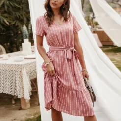 Sexy V-Neck Striped Dress Casual Short Sleeve Lace Up Wholesale Dresses SDN560302