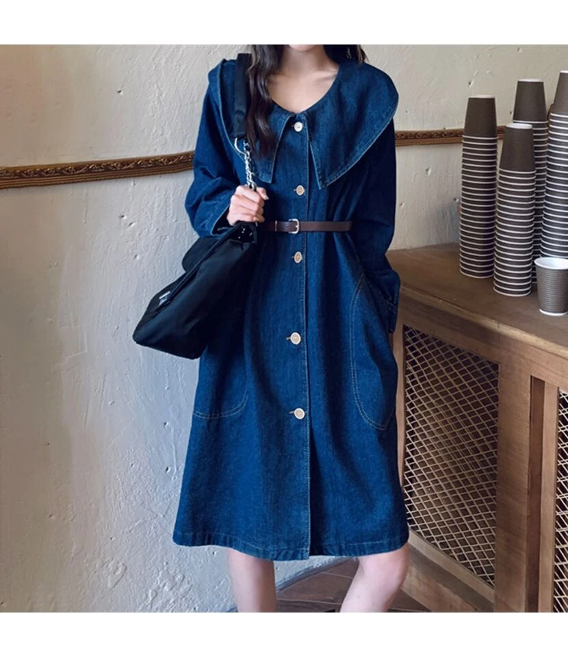Wholesale Navy Collar Denim Dress With Belt SD181156 3 Wholesale Navy Collar Denim Dress With Belt SD181156