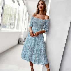 Sexy Off Shoulder Floral Midi Swing Dress High Waist Petal Sleeve Slim Vacation Wholesale Dresses SDN560630 -Amour Vert shop a367c8a6 9054 4bc4 a877 8b45aa2b5041 d97e5d3d175ad73f47d9bae097a0a165