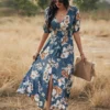 Sexy Deep V Floral Swing Dress Short Sleeve Slim Drawstring High Slit Vacation Wholesale Dresses SDN560326