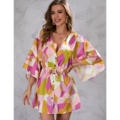 Geometric Print Deep-V Half Flare Sleeve Lace-Up Drawstring Mini Dress Resort Wholesale Dresses SDN533159 -Amour Vert shop a7ef538f c2aa 44d0 829f 205626329842 8ed04c020e3f80b428c3a20ba96cd4df