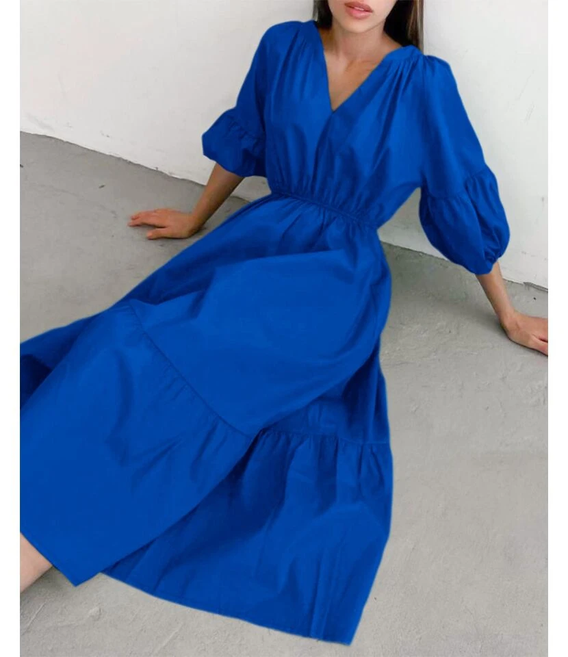 Klein Blue V Neck Puff Sleeve A-Line Dress High Waist Solid Color Midi Wholesale Dresses SDN560941 6 Klein Blue V Neck Puff Sleeve A-Line Dress High Waist Solid Color Midi Wholesale Dresses SDN560941 - Image 4