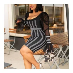 Stripe Mesh Puff Sleeve Low-Cut Rhinestone Design Dress SD030553 -Amour Vert shop ad5ee2e8 a009 4476 ab07 2d7dec1deb18 6B2E05F9A5FF7152D096265FFAB86765