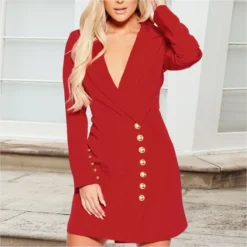 Sexy Deep-V Neck Long Sleeve Button Single Breasted Slim Suit Dress Wholesale Dresses SDN537284