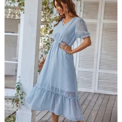 Elegant V Neck Flocking Midi Dress Short Sleeve Solid Color High Waist Wholesale Dresses SDN560431 -Amour Vert shop ae4d79ba 7110 4361 9636 82ee0b9809d3 9b236008167feb269083cd4e32ae8412