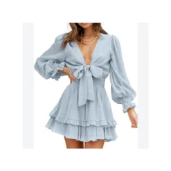 V-Neck Solid Color Tieback Bowknot Long Lantern Sleeve Ruffle Dress Casual Wholesale Dresses SD531178