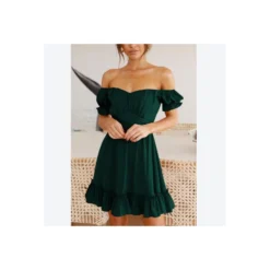 Solid Color Puff Sleeve Ruffles Off Shoulder Tied Rope Vacation Dress Wholesale Dresses SD203764