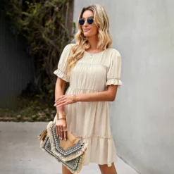 Solid Color Puff Sleeve Round Neck Loose Smocked Ruffled Dress Summer Casual Wholesale Dresses SDN533144