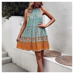 Fashion Print Halter Neck Dress Swing Casual Resort Wholesale Womens Bohemian Dresses With Pockets SDN560296
