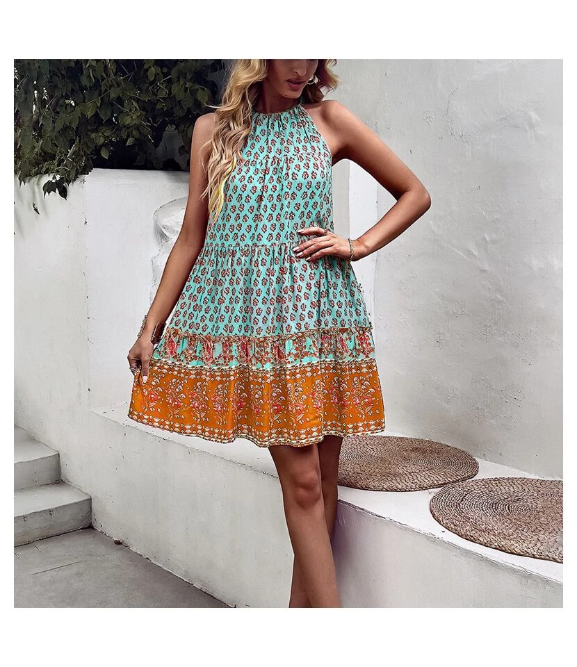 Fashion Print Halter Neck Dress Swing Casual Resort Wholesale Womens Bohemian Dresses With Pockets SDN560296 3 Fashion Print Halter Neck Dress Swing Casual Resort Wholesale Womens Bohemian Dresses With Pockets SDN560296