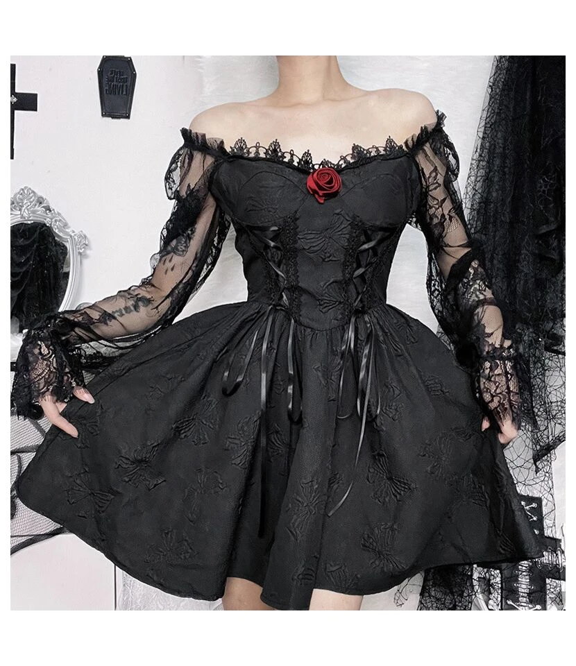 Dark Three-Dimensional Floral Lace Long-Sleeved A-Swing Princess Dress Wholesale Dresses SDV464254 3 Dark Three-Dimensional Floral Lace Long-Sleeved A-Swing Princess Dress Wholesale Dresses SDV464254