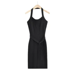 Sexy Tie-Rope Side Slit Solid Color Halterneck Knitted Midi Dress Bodycon Wholesale Dresses SD204428