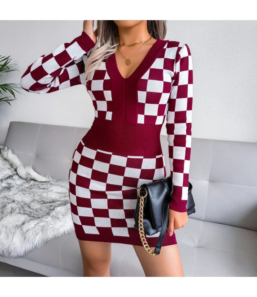 Sexy Knitted Dress Women V-Neck Plaid Printing SD162181 3 Sexy Knitted Dress Women V-Neck Plaid Printing SD162181