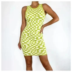 Round Neck Sleeveless Plaid Knitted Dress Wholesale Clothing SD070186