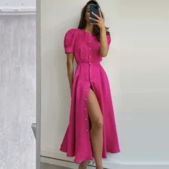 Fashion Crew Neck Puff Sleeve A-Line Midi Dress Single-Breasted Slit Solid Color Wholesale Dresses SD58855 -Amour Vert shop c8a63ffe 3750 4822 908f ed35326bec7b O1CN01QUseUO1dqUf16kUz9 3020913787 0 cib