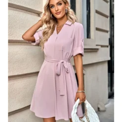 Solid Color Half Sleeve Tie-Up Lapel Casual Dress Wholesale Dresses SDN537944 -Amour Vert shop cab7999a 259e 4bee 995a ab3a683d39a3 5696267213317e4d0a7f38b7faeac643