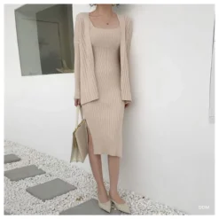 Wholesale Womens 2 Piece Sets Sling Knitted Midi Dress & Long Sleeve Cardigan SON562672