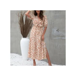 Elegant Lantern Sleeve Knotted Print Midi Dress Sexy V Neck Side Slit Wholesale Dresses SDN560361