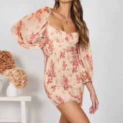 Floral Print Square Neck Lantern Sleeve Backless Tie-Up Chiffon Bodycon Dress Chic Wholesale Dresses SDN533537