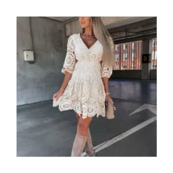 Hollow Half-Sleeved Irregular Lace V-Neck Layered Dress Wholesale Dresses N4601423032800161