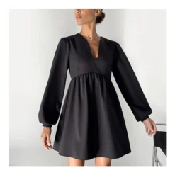 Commuting Simple V-Neck Lantern Sleeve Solid Color A-Line Dress Wholesale Dresses N463523021400186