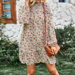 Casual Floral Mini Dress Crew Neck Long Sleeve Vacation Wholesale Dresses SDN561073