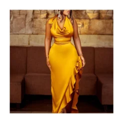 Solid Satin Halter Neck Belted Waist Ruffle Dress Wholesale Womens Clothing N3823110400001