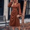 Casual V-Neck Solid Colour Tie Waist Long Sleeve Dress Wholesale Dresses N5923082300037