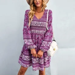 Casual V Neck Print A-Line Dresses Long Sleeve Wholesale Bohemian Dress For Women SDN562270 -Amour Vert shop d9216fe2 da5e 44c7 ba98 59b7ccfa9bec bcf6c66d92c526074f78e3abea28df71